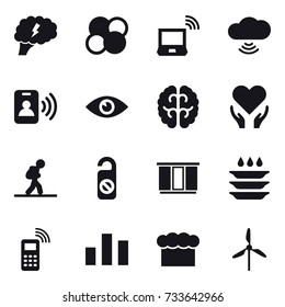 16 vector icon set : brain, atom core, notebook wireless, cloud wireless, pass card, tourist, do not distrub, wardrobe, plate washing, chef  hat, windmill