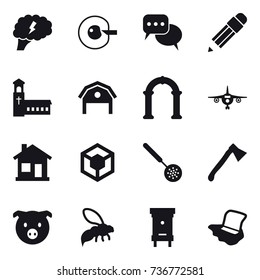 16 vector icon set : brain, cell corection, discussion, pencil, church, barn, arch, plane, home, skimmer, axe, pig, wasp, hive, floor washing