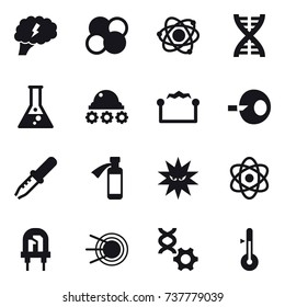 16 vector icon set : brain, atom core, atom, dna, flask, lunar rover, electrostatic, thermometer