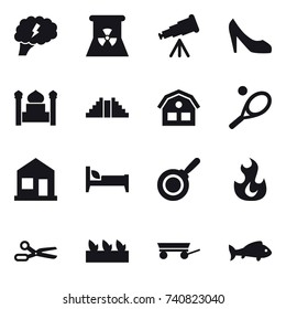 16 vector icon set : brain, nuclear power, telescope, shoes, minaret, pyramid, house, tennis, home, bed, pan, scissors, seedling, trailer, fish