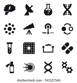 16 vector icon set : brain, satellite antenna, round flask, dna, round around, telescope, laser, quantum bond, vial, cpu, electrostatic