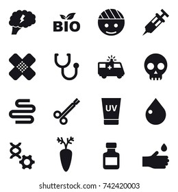 16 vector icon set : brain, bio, uv cream, drop, pills bottle, hand drop