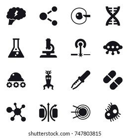 16 vector icon set : brain, molecule, cell corection, dna, flask, microscope, laser, ufo, lunar rover, dna modify, microb