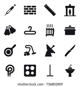 16 vector icon set : brick wall, ruler, detector, flippers, hanger, radiator, pan, vacuum cleaner, knife, rake, water tap sink