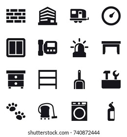 16 vector icon set : brick wall, trailer, barometer, power switch, intercome, alarm, table, nightstand, rack, scoop, repair tools, pets, vacuum cleaner, washing machine, toilet cleanser