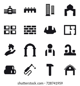 16 vector icon set : bridge, skyscrapers, minaret, panel house, brick wall, building helmet, plan, real estate, arch, water tap, barn