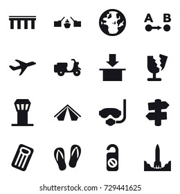 16 vector icon set : bridge, drawbridge, airport tower, tent, diving mask, signpost, inflatable mattress, flip-flops, do not distrub