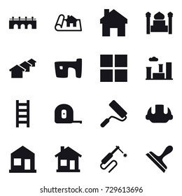 16 vector icon set : bridge, project, home, minaret, houses, slum, window, city, stairs, measuring tape, repair, building helmet, scraper