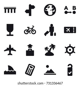 16 vector icon set : bridge, bike, passenger, ticket, airplane, baggage, island, handwheel, shark flipper, inflatable mattress, landscape, please clean