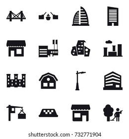 16 vector icon set : bridge, drawbridge, skyscraper, shop, mall, modern architecture, city, palace, house, outdoor light, taxi, garden cleaning