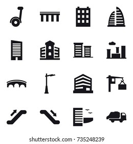 16 vector icon set: bridge, building, skyscraper, district, city, outdoor light, escalator, hotel, trash truck