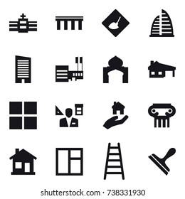 16 vector icon set : bridge, under construction, skyscraper, mall, minaret, house with garage, window, architector, real estate, antique column, home, stairs, scraper