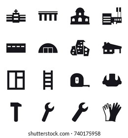16 vector icon set : bridge, mansion, mall, bunker, hangare, modern architecture, house with garage, window, stairs, measuring tape, building helmet, wrench, gloves