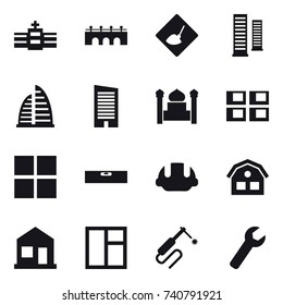 16 vector icon set : bridge, under construction, skyscrapers, skyscraper, minaret, panel house, window, level, building helmet, house, home, wrench