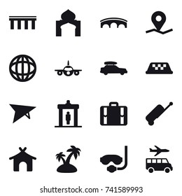 16 vector icon set : bridge, minaret, car baggage, taxi, deltaplane, detector, suitcase, bungalow, island, diving mask, transfer