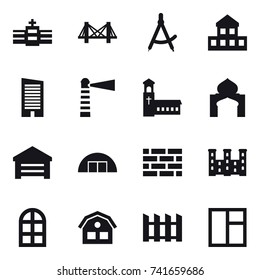 16 vector icon set : bridge, draw compass, cottage, skyscraper, lighthouse, church, minaret, garage, hangare, brick wall, palace, arch window, house, fence, window
