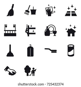 16 vector icon set : broom, bucket and broom, wiping, clean floor, skyscapers cleaning, skyscrapers cleaning, dish cleanser, house cleaning, plunger, dry wash, brush, cleanser powder