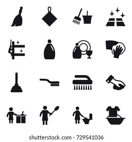 16 vector icon set : broom, rag, bucket and broom, clean floor, skyscrapers cleaning, cleanser, dish cleanser, wiping, plunger, brush, kitchen cleaning, woman with pipidaster, toilet cleaning