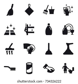 16 vector icon set : broom, rag, bucket and broom, wiping, clean floor, skyscrapers cleaning, cleanser, dish cleanser, vacuum cleaner, plunger, brush, cleanser powder, toilet cleaning