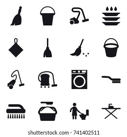 16 vector icon set : broom, bucket, vacuum cleaner, plate washing, rag, washing machine, brush, washing powder, toilet cleaning, iron board