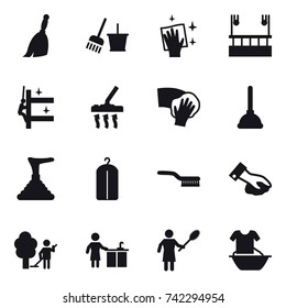 16 vector icon set : broom, bucket and broom, wiping, skyscaper cleaning, skyscrapers cleaning, vacuum cleaner, plunger, dry wash, brush, garden cleaning, kitchen cleaning, woman with duster