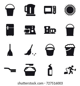 16 vector icon set : bucket, kettle, broom, foam bucket, brush, washing powder, toilet cleanser, vacuum cleaner