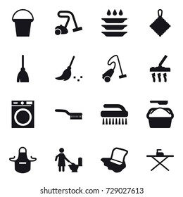 16 vector icon set : bucket, vacuum cleaner, plate washing, rag, broom, washing machine, brush, washing powder, apron, toilet cleaning, floor washing, iron board