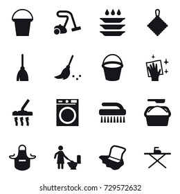 16 vector icon set : bucket, vacuum cleaner, plate washing, rag, broom, wiping, washing machine, brush, washing powder, apron, toilet cleaning, floor washing, iron board
