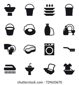 16 vector icon set : bucket, plate washing, soap, shampoo, dish cleanser, wiping, sponge with foam, washing machine, brush, water tap sink, floor washing, handle washing