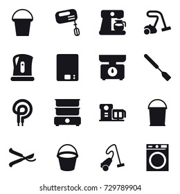16 vector icon set : bucket, mixer, coffee maker, vacuum cleaner, kettle, kitchen scales, spatula, pruner, washing machine