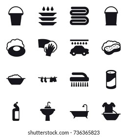 16 vector icon set : bucket, plate washing, towel, soap, wiping, car wash, sponge with foam, foam basin, drying clothe, brush, cleanser powder, toilet cleanser, water tap sink, bath, handle washing