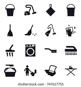 16 vector icon set : bucket, vacuum cleaner, rag, broom, wiping, washing machine, brush, washing powder, toilet cleaning, floor washing, iron board