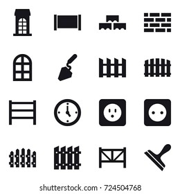 16 vector icon set : building, fence, block wall, brick wall, arch window, construction, watch, power socket, farm fence, scraper