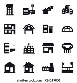 16 vector icon set : building, mall, houses, modern architecture, modular house, barn, district, greenhouse, hotel, shop, antique column, home, factory, skyscapers cleaning