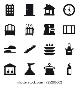 16 vector icon set : building, door, home, watch, dresser, radiator, coffee maker, window, slippers, stairs, plate washing, apron, utility room, plunger, hanger, toilet cleanser
