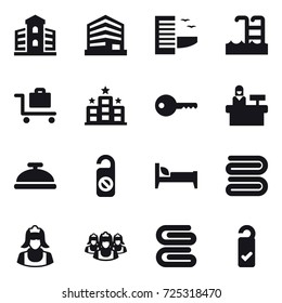 16 vector icon set : building, hotel, pool, baggage trolley, key, reception, service bell, do not distrub, bed, towel, cleaner, outsource, stack of towels, please clean