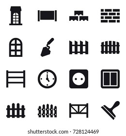 16 vector icon set : building, fence, block wall, brick wall, arch window, construction, watch, power socket, power switch, farm fence, scraper