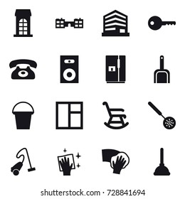 16 vector icon set : building, school, key, phone, speaker, fridge, scoop, bucket, window, rocking chair, skimmer, vacuum cleaner, wiping, plunger