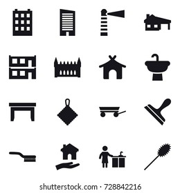 16 vector icon set : building, skyscraper, lighthouse, house with garage, modular house, gothic architecture, bungalow, table, rag, trailer, scraper, brush, housing, kitchen cleaning, duster