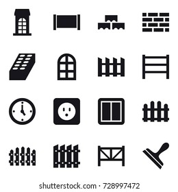 16 vector icon set : building, fence, block wall, brick wall, brick, arch window, watch, power socket, power switch, farm fence, scraper