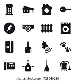 16 vector icon set : building, house with garage, smart house, key, electricity, surveillance camera, radiator, washing machine, fridge, scoop, bell, pets, apron, broom, vacuum cleaner