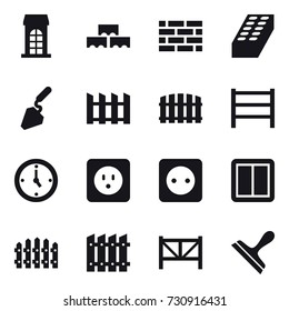 16 vector icon set : building, block wall, brick wall, brick, construction, fence, watch, power socket, power switch, farm fence, scraper