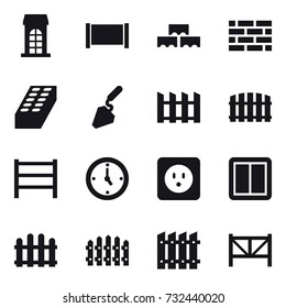 16 vector icon set : building, fence, block wall, brick wall, brick, construction, watch, power socket, power switch, farm fence