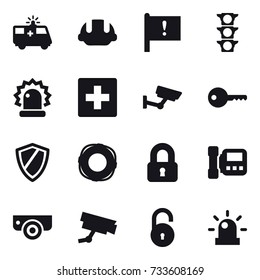 16 vector icon set : building helmet, first aid, surveillance, key, shield, lifebuoy, locked, intercome, surveillance camera
