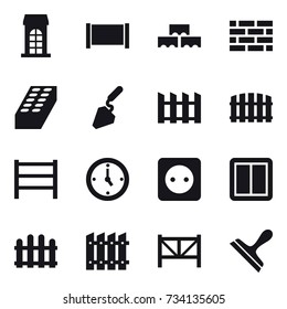 16 vector icon set : building, fence, block wall, brick wall, brick, construction, watch, power socket, power switch, farm fence, scraper