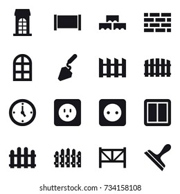 16 vector icon set : building, fence, block wall, brick wall, arch window, construction, watch, power socket, power switch, farm fence, scraper