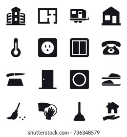16 vector icon set : building, plan, trailer, home, thermometer, power socket, power switch, phone, cutting board, door, ring button, slippers, broom, wiping, plunger, housing