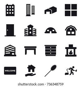 16 vector icon set : building, skyscrapers, warehouse, window, door, dome house, house, table, chest of drawers, fireplace, welcome mat, housing, duster, vacuum cleaner