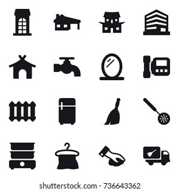 16 vector icon set : building, house with garage, japanese house, bungalow, water tap, mirror, intercome, radiator, fridge, broom, skimmer, hanger, wiping, home call cleaning