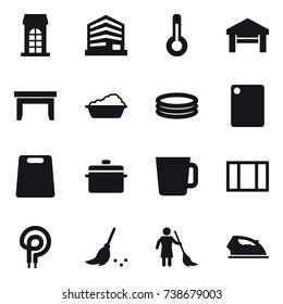 16 vector icon set : building, thermometer, garage, table, washing, inflatable pool, cutting board, pan, cup, window, broom, brooming, iron